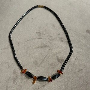 Hematite And Carnelian Beaded 17 Inch Necklace
